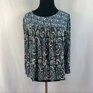 Lucky Brand Top S Small Pastel Colorful Floral Flowy Stretchy Neck Boho Peasant
